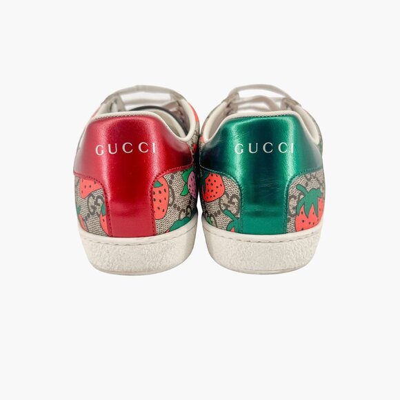Gucci Ace Web Stripe Sneaker EU 38 US 8 Beige GG Monogram Strawberry Print - Picture 6 of 14